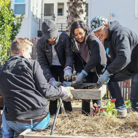 students at the campus community garden